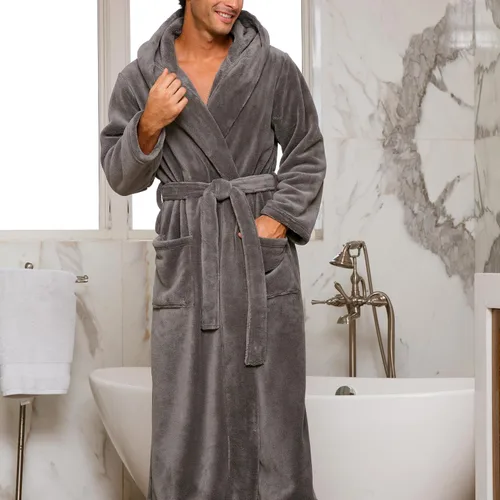 Vista 2 de Alexander Del Rossa Bata de baño de vellón afelpado suave, con capucha, para hombre, bata larga y cálida