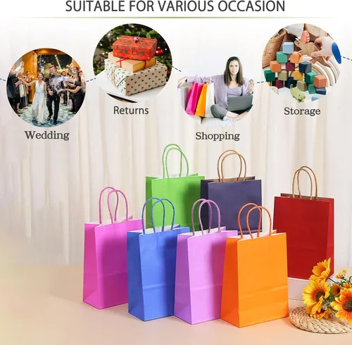 Vista 7 de AZOWA Bolsas de regalo de color azul claro, mini bolsas de papel kraft con asas para recuerdos de fiesta (4 x 2.4 x 6 pulgadas, azul, 12 unidades)