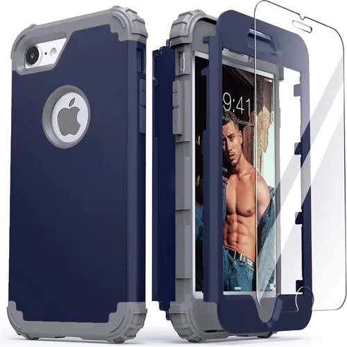 Vista 27 de IDweel Funda para iPhone 8 con Protector de Pantalla de Vidrio Templado, para iPhone 7, 3 en 1, Resistente a Golpes, Delgada, Híbrida, de Servicio