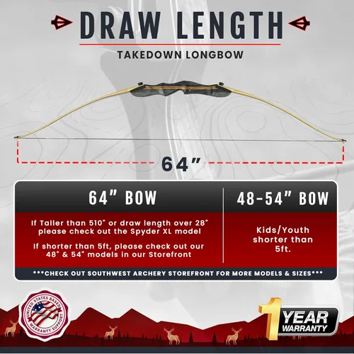 Vista 4 de Southwest Archery Arco largo Ghost Takedown – Arco de caza de arco largo de 64 pulgadas – Mano derecha e izquierda – Pesos de tracción en 20 – 50