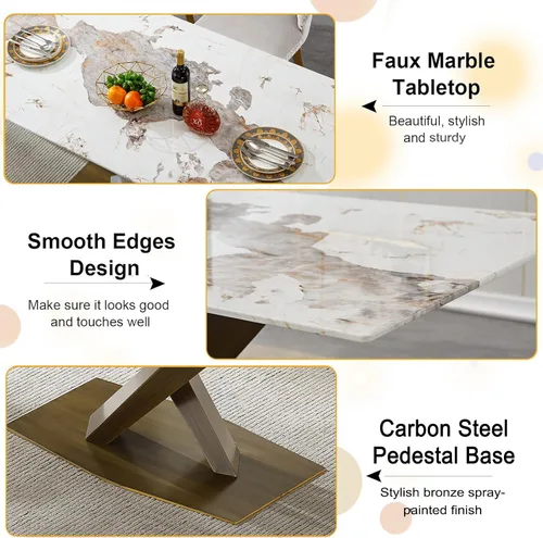 Vista 5 de Juego de mesa de comedor de mármol blanco para 4, 70 pulgadas, mesa de comedor de mármol blanco con 4 sillas de terciopelo verde y base de acero al