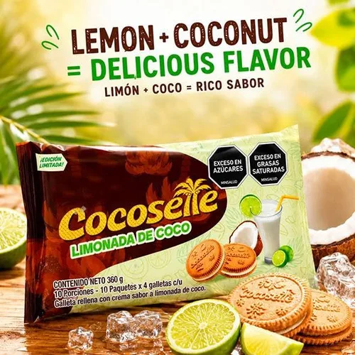 Vista 2 de Galletas sándwich rellenas de crema de coco y lima, paquete de 2, edición limitada, sabor limonada de coco, 20 paquetes individuales de bocadillos