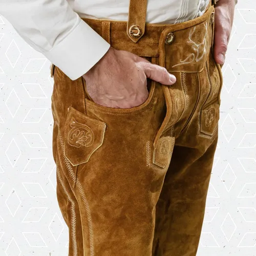 Vista 9 de BAVARIA TRACHTEN Lederhosen - Traje de cuero genuino para hombre traje de Oktoberfest alemán auténtico para hombre color marrón claro largo Marrón