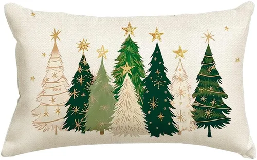 Vista 7 de RABUSOFA Fundas de almohada con árbol de Navidad de 18 x 18 pulgadas, decoración de invierno con acuarela de Navidad, estrellas doradas, funda