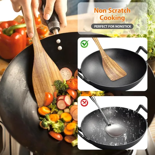 Vista 4 de Juego de utensilios de madera de teca de 6 piezas, cucharas de madera de agarre cómodo para cocinar, juego de utensilios de cocina de madera