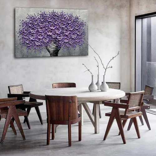 Vista 4 de Epicler art Pintura al óleo decorativa de flores 3D moradas pintadas a mano, arte de pared decorativo de pared de flores, arte moderno, sala