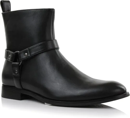 Vista 19 de Polar Fox Botas de ingeniero para hombre Botas de tobillo estilo motocicleta con correas de hebilla y cremallera lateral 1. Negro.