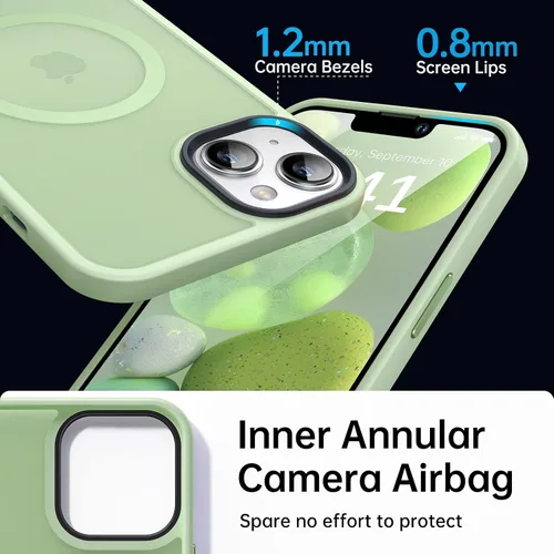 Vista 5 de Funda magnética para iPhone 13 y iPhone 14 para MagSafe [protección de grado militar de 10 pies], delgada, parte trasera translúcida mate con borde