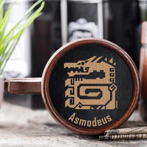 Vista 5 de Taza de cerveza de madera MHW Lagiacrus. Taza de cerveza MHW personalizada. Taza para jugadores. MHW Tankard. Regalo para él. Regalo para jugadores