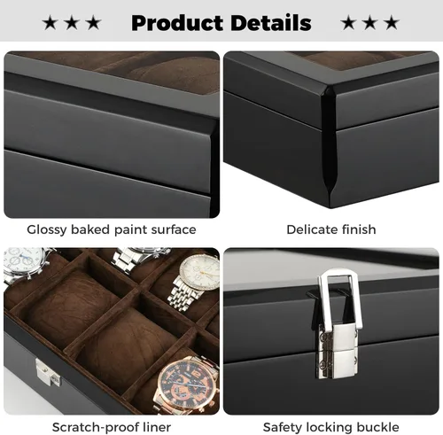 Vista 5 de Caja de reloj de madera con acabado lacado, organizador de relojes para hombre de 8 ranuras con parte superior de cristal, lujosa caja de exhibición
