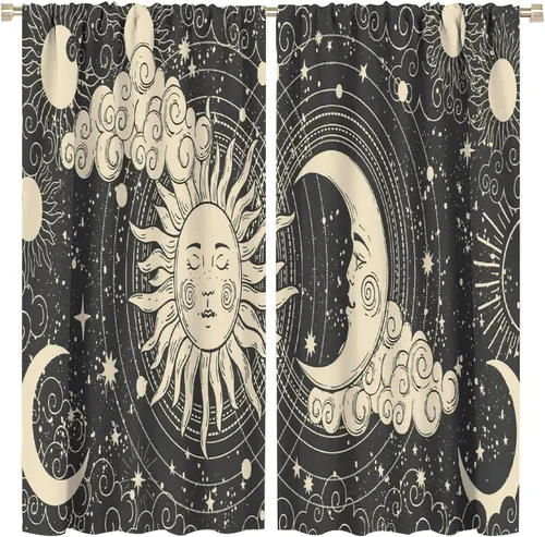 Vista 91 de Cortinas opacas con diseño de sol y luna, cuerpos celestes bohemios, con diseño de sol, luna y estrellas, para sala de estar, dormitorio, 42 x 45
