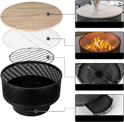 Vista 5 de OutVue Fogatas de leña de 26 pulgadas con parrilla y tapa, mesa de fogata para exteriores con cubierta impermeable y atizador de fuego, fogata al