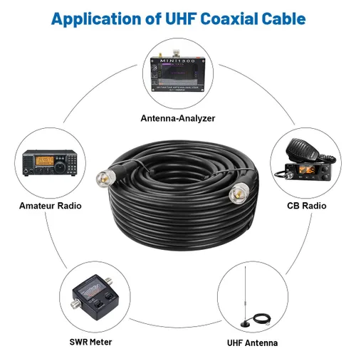 Vista 5 de MOOKEERF Cable coaxial CB - RG213 UHF macho a macho 50 pies de baja pérdida RG-213 UHF Cable para radioaficionado/radio VHF/medidor SWR/analizador