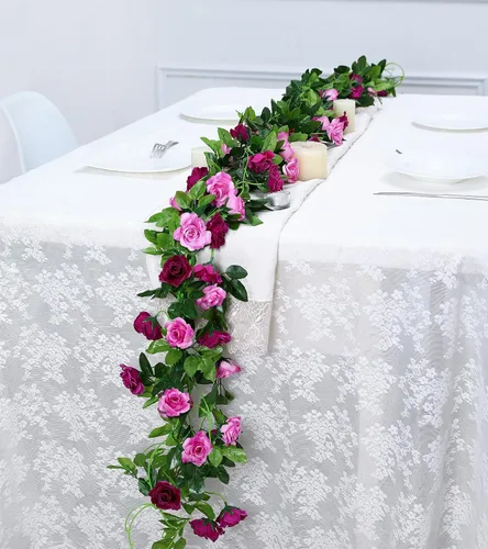 Vista 4 de Floweroyal Paquete de 2 guirnaldas de flores artificiales de 15.8 pies, flores de seda falsas de hiedra rosa para colgar en el arco de boda, fiesta
