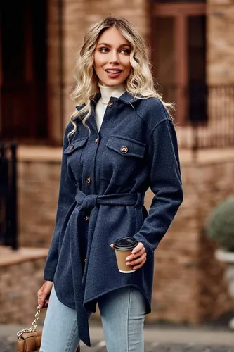 Vista 4 de PRETTYGARDEN Chaqueta de otoño con solapa y cinturón para mujer