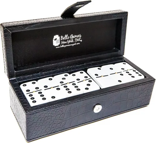 Vista 2 de Bello Games New York, Inc. Flushing Meadows Double Six - Juego de dominó de torneo de dos tonos con spinners en una funda de cuero sintético negro