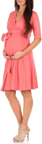 Vista 2 de Mother Bee Maternity - Vestido de maternidad de media manga, diseño cruzado de imitación con lazo frontal Coral