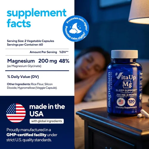 Vista 4 de VitaUp Glicinato de magnesio 200 mg – Hecho en Estados Unidos, altamente absorbente, magnesio sin OMG para relajación, sueño profundo, huesos
