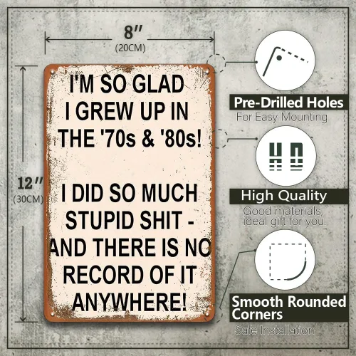 Vista 2 de Cartel de metal vintage divertido con texto en inglés «I'M So Glad I Grew Up In The '70s & 80S Retro Poster Sign for Home Restaurant Bar Cafe»