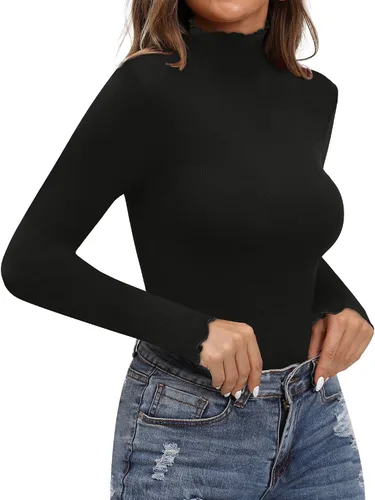Vista 3 de MANGOPOP Camiseta sin mangas con doble forro para mujer, con volantes, cuello de tortuga, manga larga, ajustada