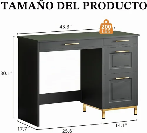 Vista 2 de 4 EVER WINNER Escritorio negro con cajones, escritorio de 43 pulgadas con archivador de almacenamiento y mango dorado, escritorio de oficina en casa
