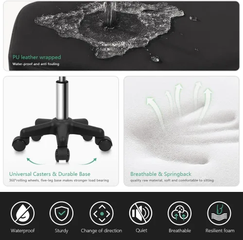 Vista 6 de FURWOO Taburete con ruedas hexagonales con ruedas para spa y salón de masaje, color negro