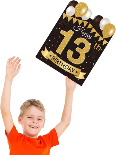 Vista 4 de Letrero grande de patio para fiesta de feliz cumpleaños número 13, negro dorado, letreros de patio de cumpleaños 13 con estacas y decoraciones