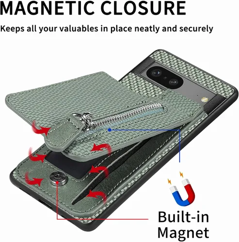 Vista 6 de LEMAXELERS Funda tipo cartera con cremallera y tarjetero para Google Pixel 7 Pro, piel sintética plegable con función atril magnético, cierre
