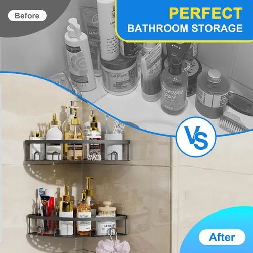 Vista 2 de Organizador de esquina para ducha, paquete de 2 estantes organizadores adhesivos para baño, ducha, sin perforaciones, a prueba de óxido, para montar