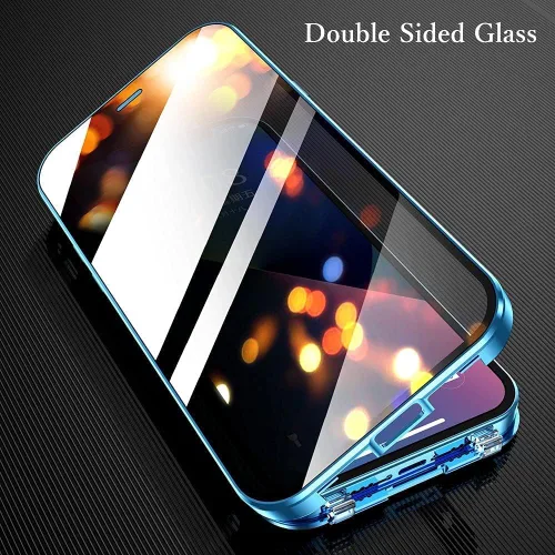 Vista 5 de Funda antiespía con cerraduras de seguridad para iPhone 12, funda de vidrio de doble cara con protector de lente de cámara, carcasa de aluminio