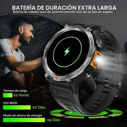 Vista 7 de Reloj inteligente militar para hombres con linterna LED 1.45 "HD Bluetooth