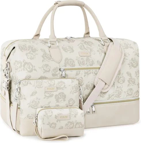 Vista 24 de Bolsa de fin de semana para mujer, bolsa de viaje de nailon, con compartimento para zapatos, tamaño grande 1-beige