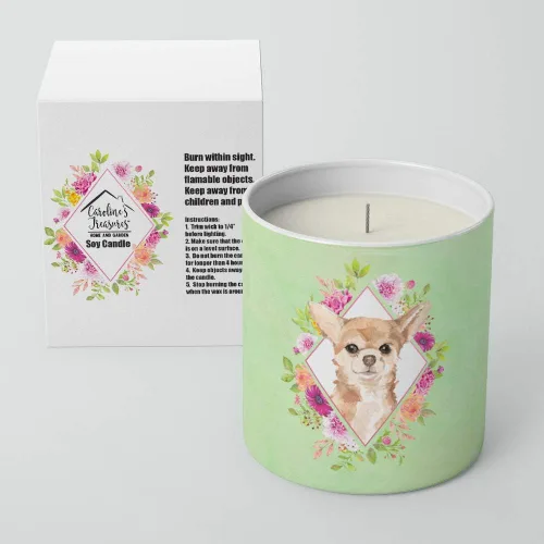 Vista 2 de Caroline's Treasures CK4405CDL Chihuahua Green Flowers Vela de soja decorativa de 10 onzas, aceite esencial de cera de soja natural, decoración