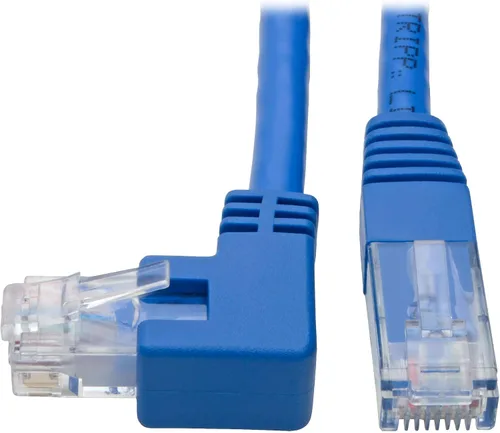 Vista 10 de TRIPP LITE Cable de conexión UTP Cat6 en ángulo inferior (RJ45), M/M, Gigabit, moldeado, azul, 1 pie (N204-001-BL-DN)