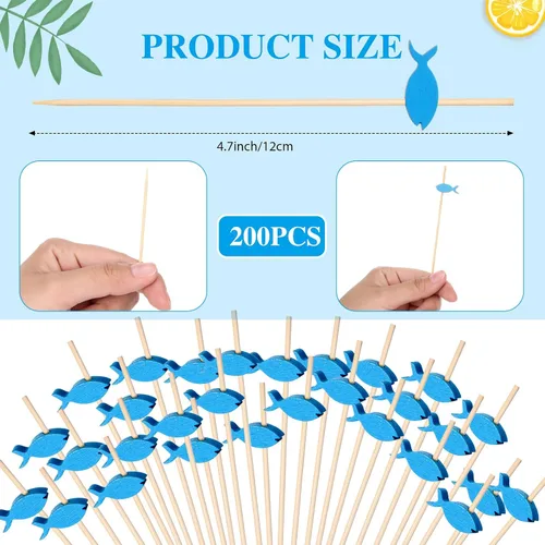 Vista 4 de 200 palillos de bambú para cóctel, para fiestas de aperitivos, estilo pescado bamboo cocktail picks for appetizers, fruits, food skewers, drinks