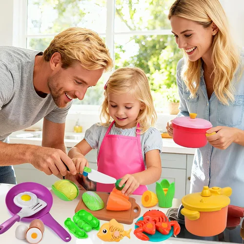 Vista 6 de Juego de cocina para niños, 66 juguetes de cocina para niños pequeños con ollas y sartenes, alimentos, utensilios, utensilios de cocina, juego