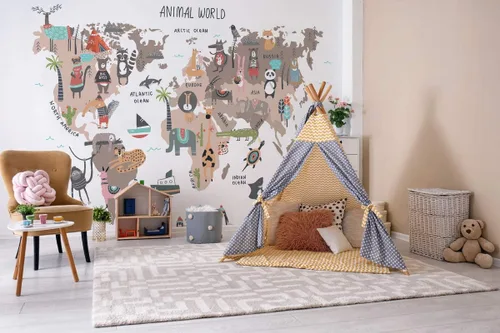 Vista 4 de Murwall Kids Wallpaper World Map Wall Mural Map Wallpaper Cartoon Animals Wall Mural Kids Room Nursery