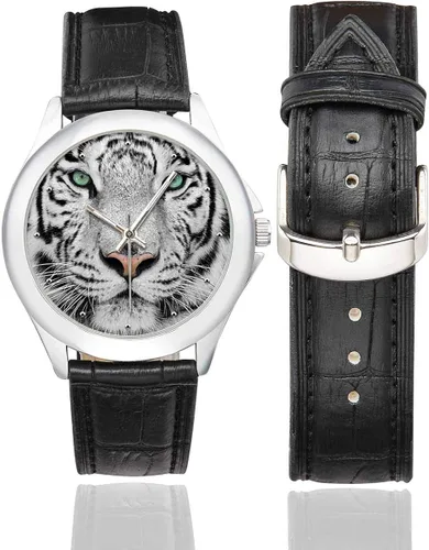 Vista 2 de InterestPrint Cool Animal White Tiger Face Relojes de pulsera clásicos impermeables para mujer con correa de cuero negro, Diseño #6
