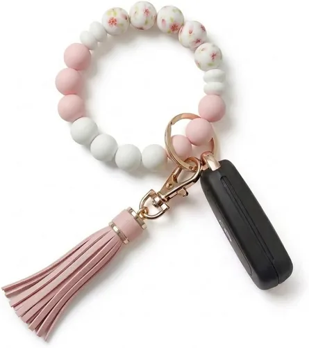 Vista 19 de BIHRTC - Pulsera/llavero para enganchar las llaves del auto, brazalete con cuentas de silicona para mujer Rosado (12mm Pink)