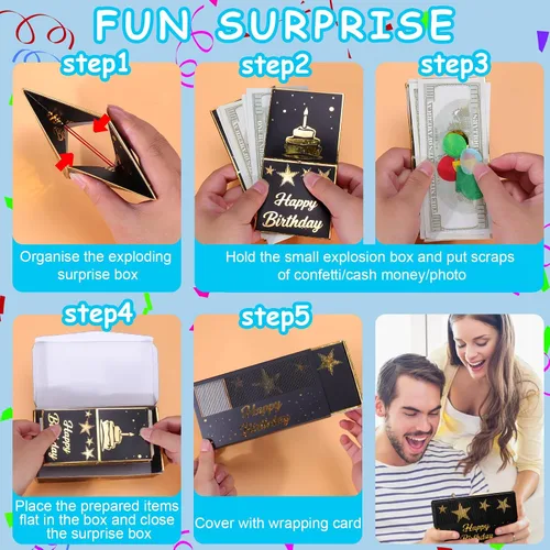 Vista 3 de BABORUI Caja de dinero de cumpleaños para efectivo, caja de explosión sorpresa de feliz cumpleaños con confeti, caja de regalo explosiva
