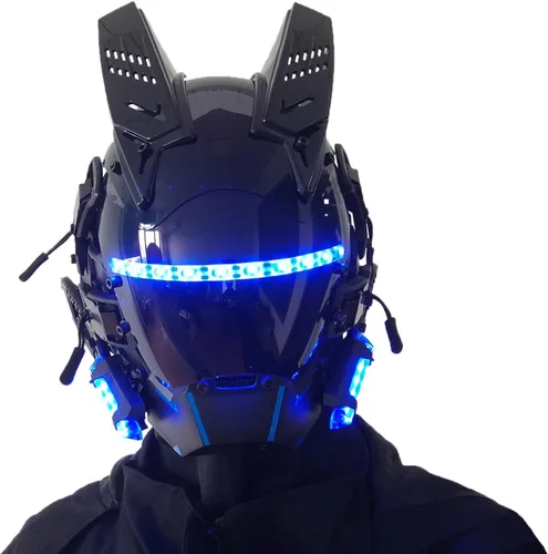 Vista 6 de Máscara gótica punk, máscara Techwear, casco de Halloween Cosplay Tech con luz LED Azul