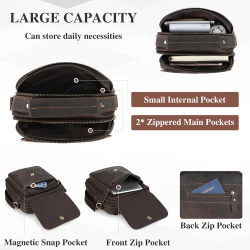 Vista 4 de BAIGIO Pequeña bolsa de mensajero de cuero para hombre, bolso de hombro cruzado, bolso vintage para hombre para Ipad Travel Bussiness
