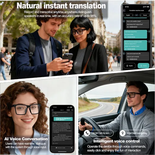 Vista 3 de AI Smart Gafas de Traducción Inalámbricas Bluetooth para Hombres/Mujeres con Altavoces/Bluetooth y Traducción de +140 Idiomas