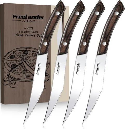 Vista 8 de Freelander Juego de 4 cuchillos para pizza con cuchillas afiladas de acero inoxidable, diseño forjado de espiga completa, mango ergonómico
