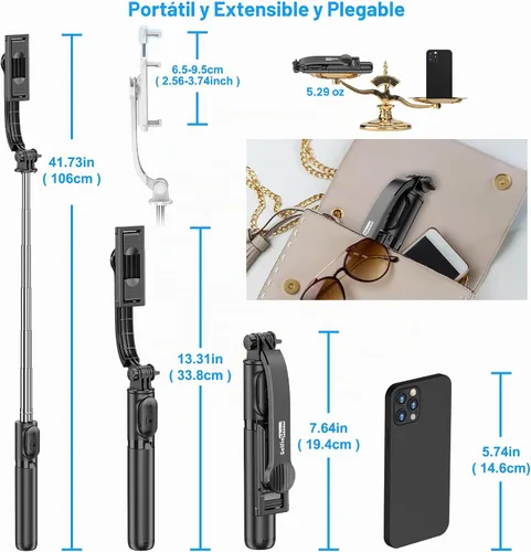 Vista 7 de SelfieShow Selfie Stick, Palo de Selfie Extensible con Trípode, Control Remoto Inalámbrico y Soporte de Trípode, Portátil, Ligero, Compatible
