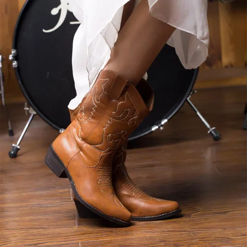 Vista 6 de SheSole Botas vaqueras blancas para mujer, diseño floral occidental, botas vaqueras de pantorrilla ancha