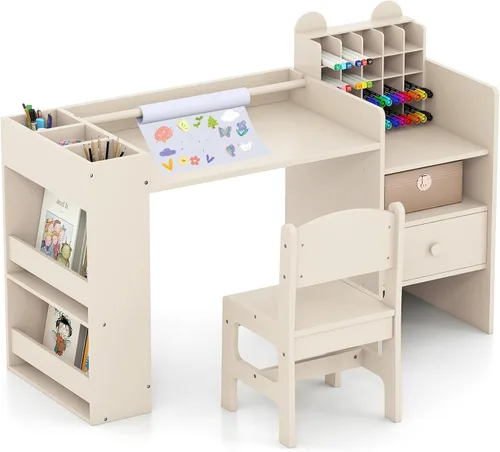 Vista 14 de Costzon Mesa y sillas de arte para niños, juego de escritorio de actividades de madera con rollo de papel, 4 tazas de pintura, estantes de Gris
