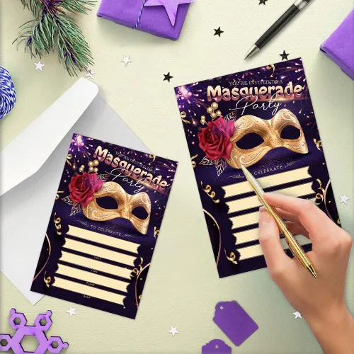 Vista 5 de Invitaciones para fiesta de máscaras, invitaciones de fiesta de Mardi Gras, 15 tarjetas y sobres, diseño floral moderno, unisex, adultos, ocasión