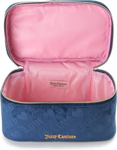 Vista 5 de Juicy Couture Bolsa de Maquillaje Organizador de Cosméticos Esenciales de Viaje Estuche de Tren de Terciopelo Logotipo de Corazón, Azul, Tamaño único