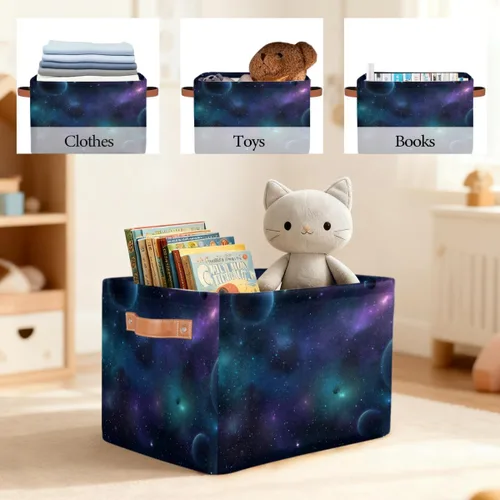 Vista 7 de Rectangular Storage Bin Starry Universe With Planets And Stars Fabric Storage Basket with Handles for Organizing Home Kitchen Closet Shelf Baskets